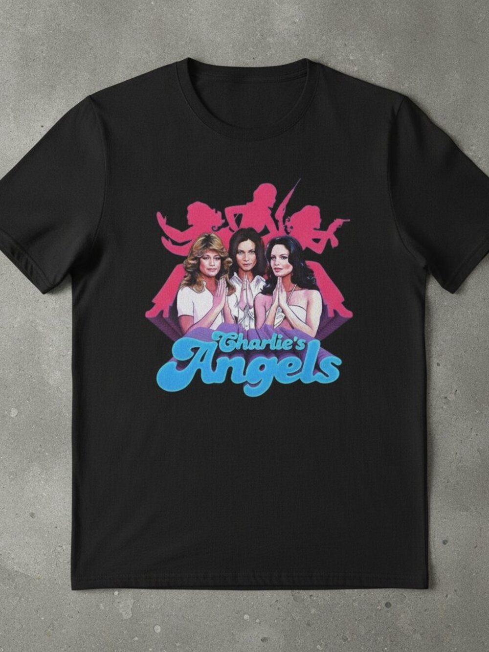 Charlie's Angels 70s Retro Pink Action Silhouette Black Graphic T-Shirt